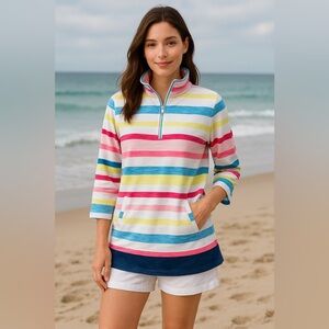 T by Talbots Women’s Rainbow Striped Half Zip Sweatshirt Size S Nautical Preppy